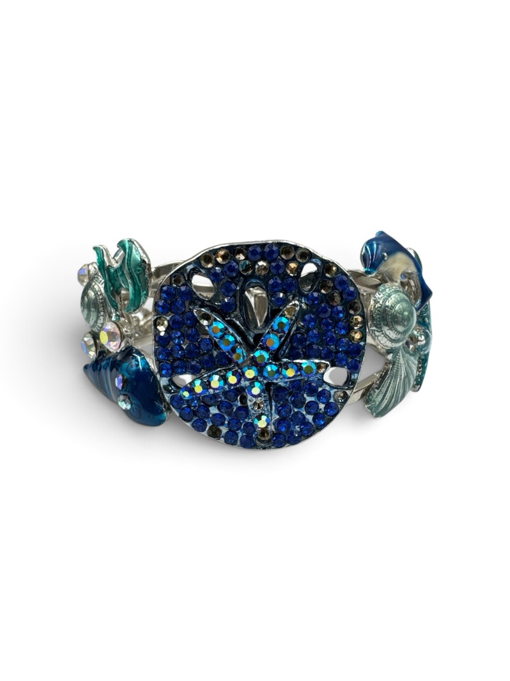 Vintage Y2K Rhinestone Enamel Sea Life Sand Dollar Clamper Bracelet